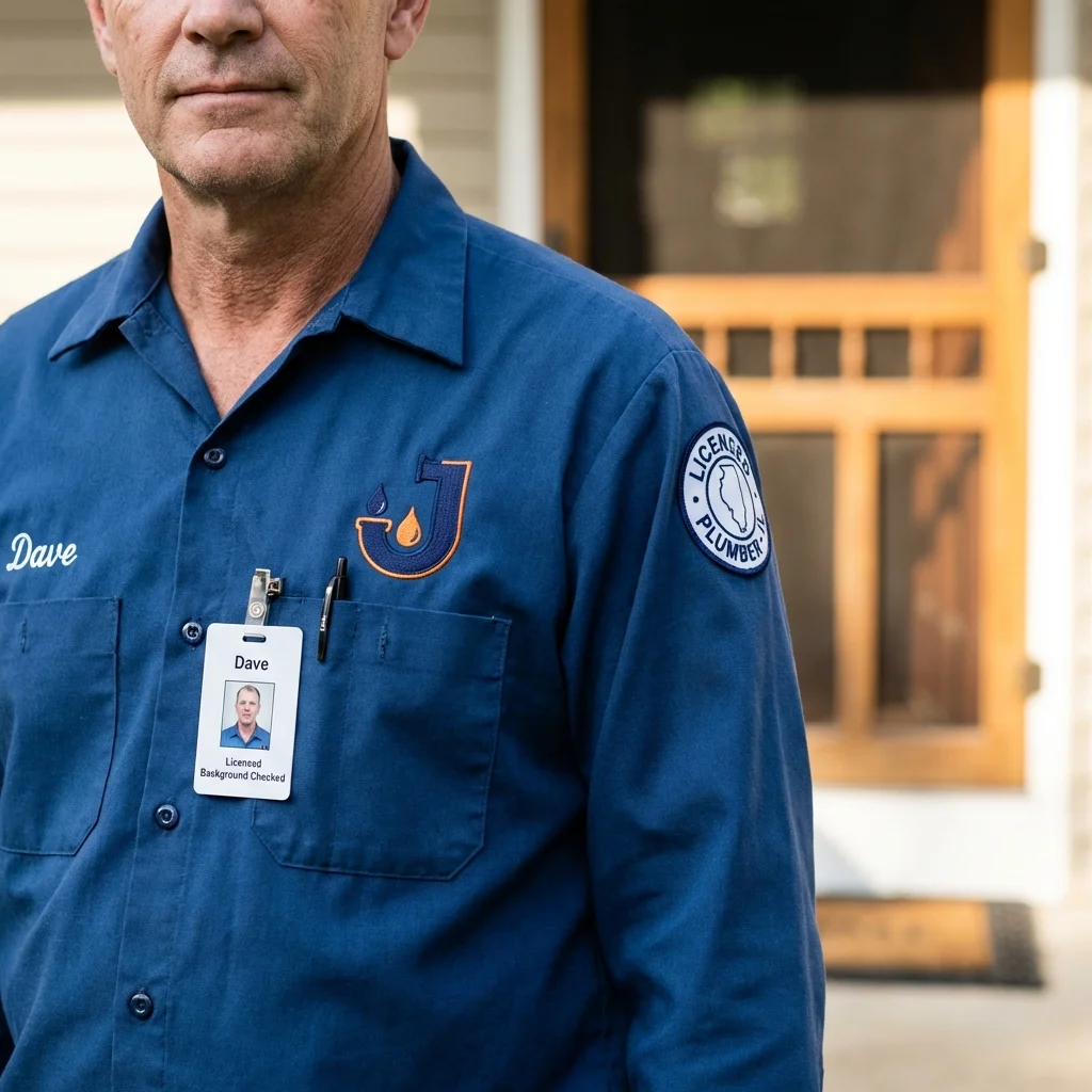 Licensed plumber showing ID badge in North Liberty, IN
