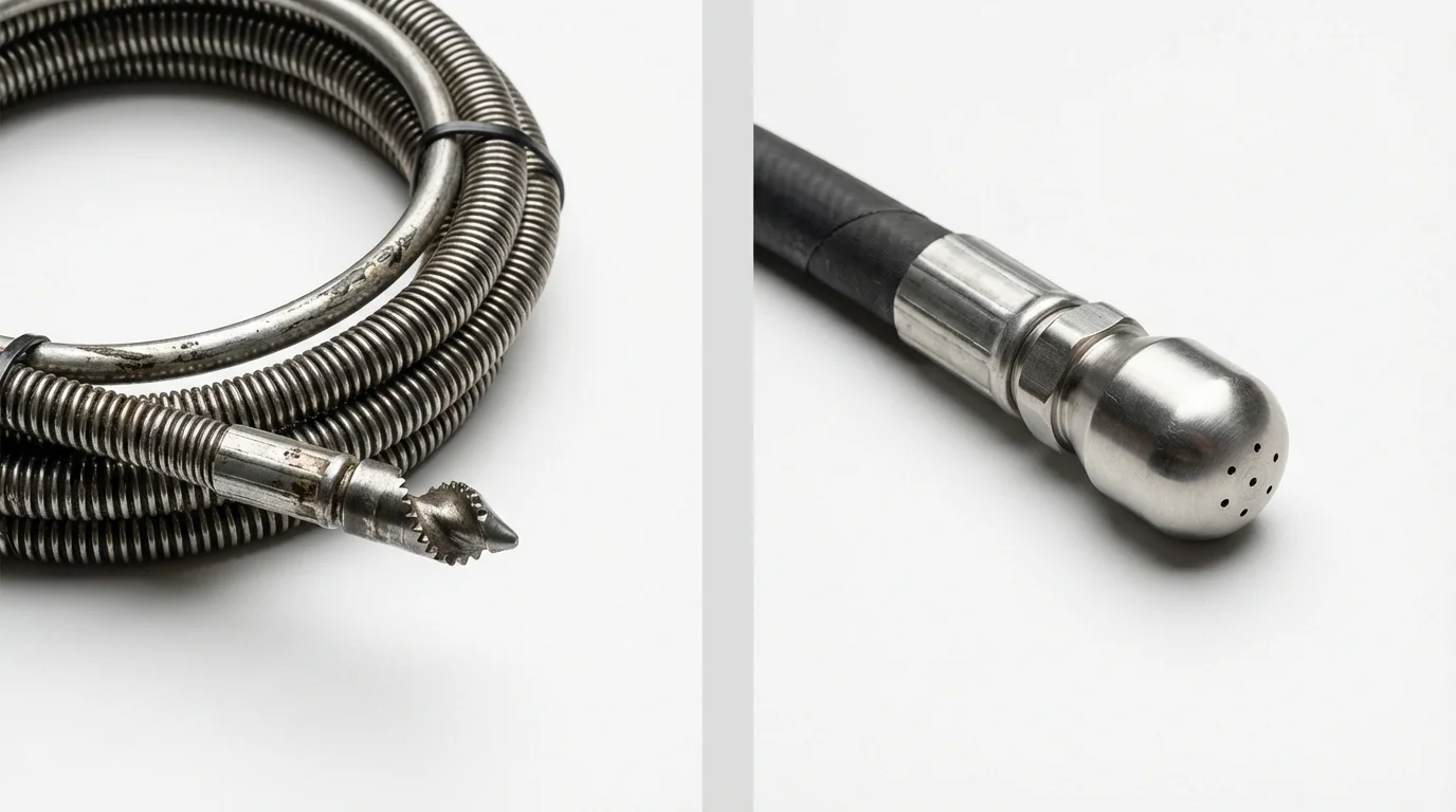 Drain snake cable and hydro jetting nozzle used for drain cleaning in North Liberty, IN