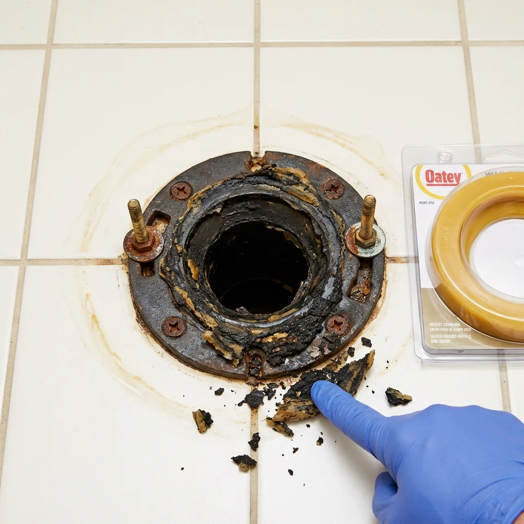 Failed wax ring showing water seepage at the base of a toilet in a North Liberty, IN home