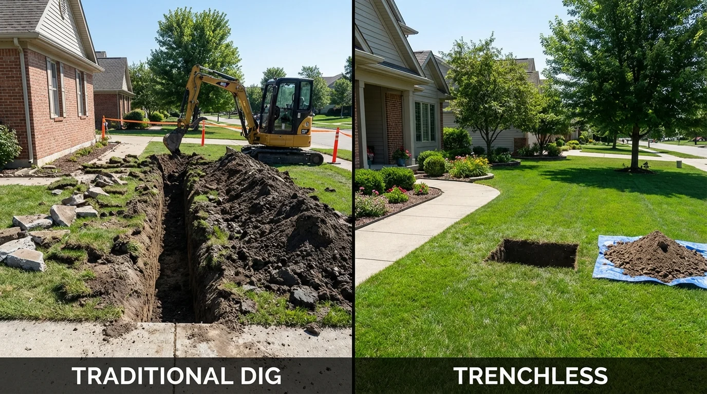Trenchless sewer repair with minimal yard damage versus traditional excavation in North Liberty, IN