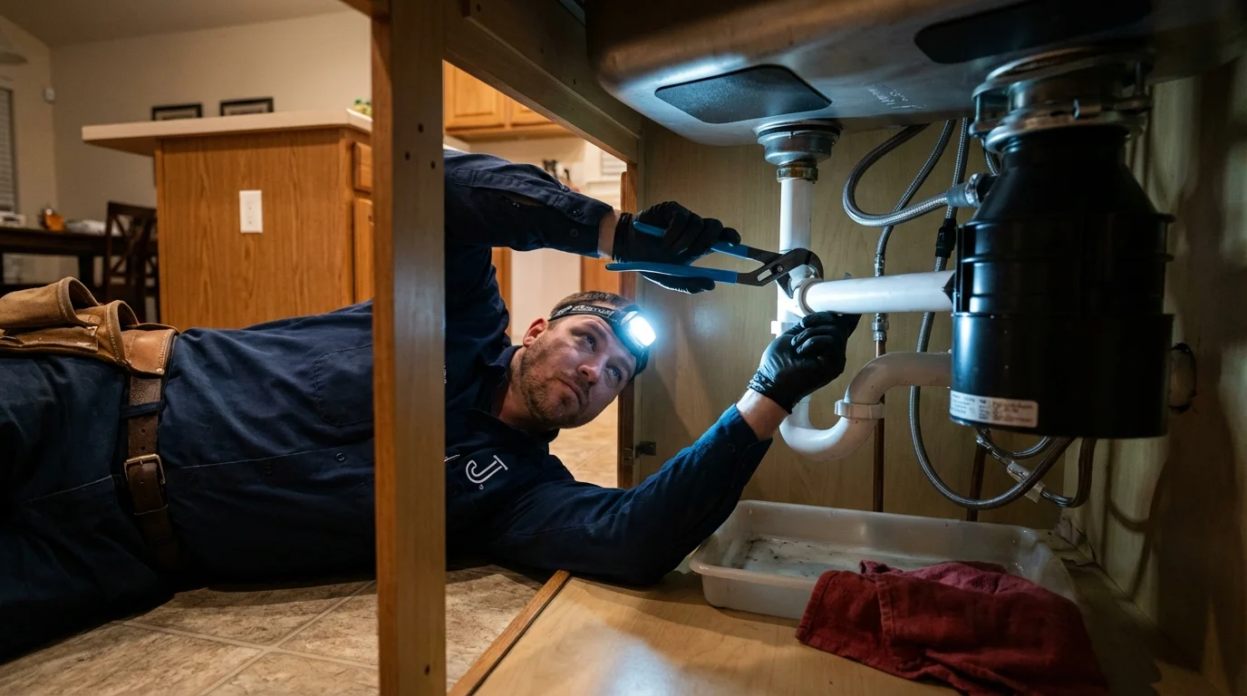P-trap and supply line connections under a kitchen sink showing a common leak point in North Liberty, IN